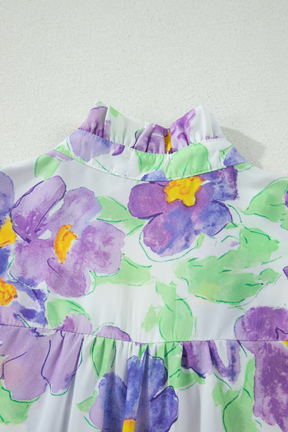 Floral Collared V-Neck Tiered Ruffle Mini Dress