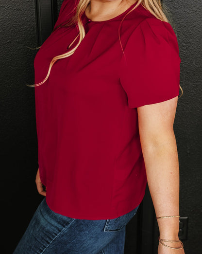 Pleated Keyhole Crewneck T-Shirt Plus Size