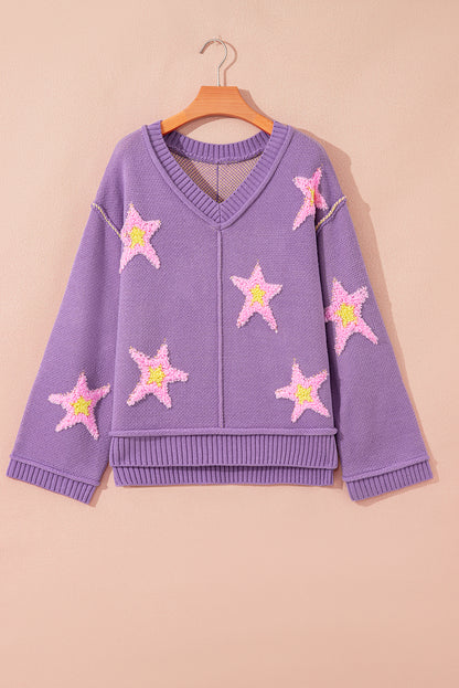 Star Textured V-Neck Drop Shoulder Oversized Sweater