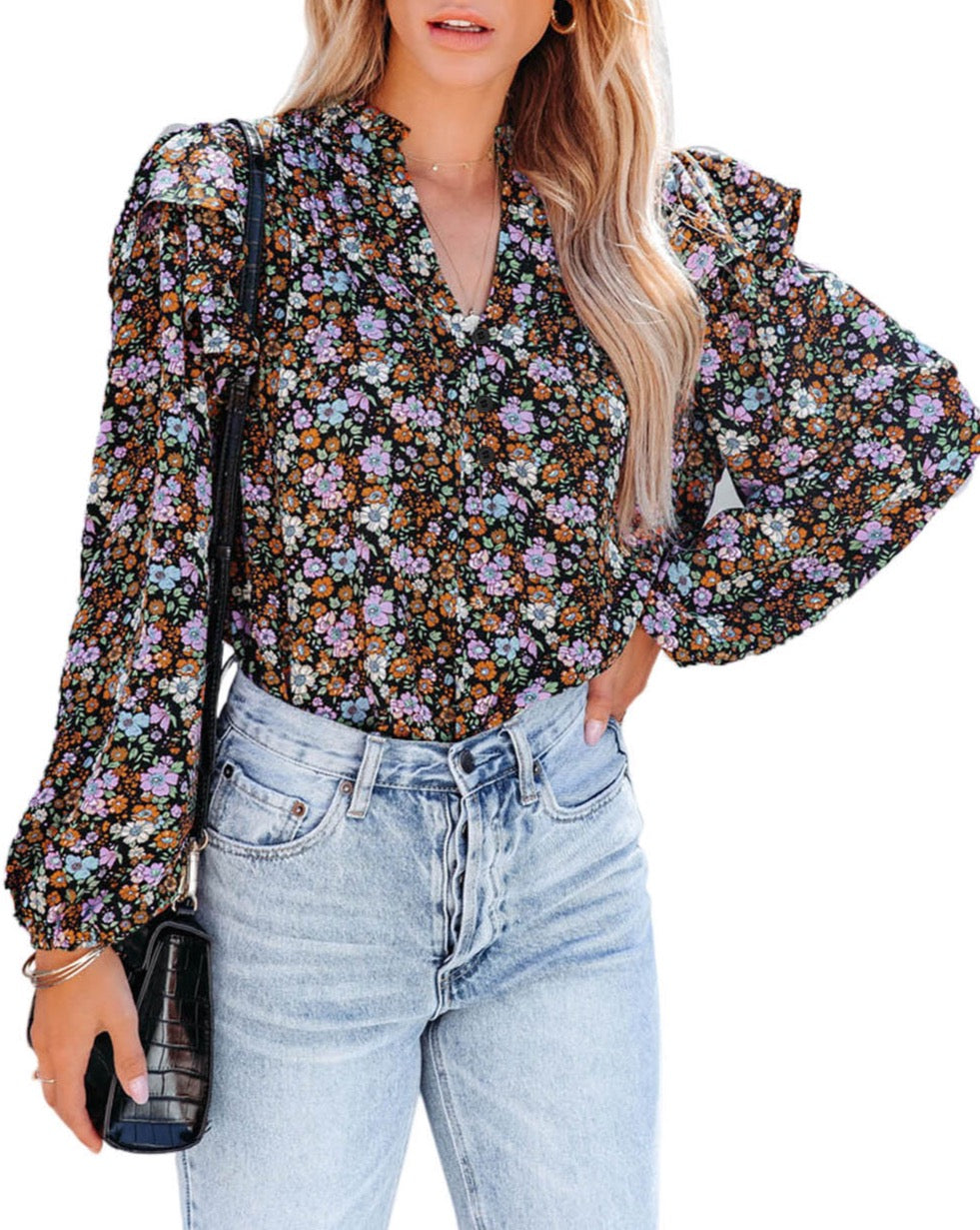 Floral Ruffled Bubble Sleeve Blouse