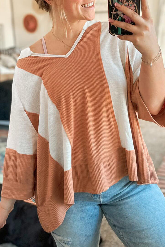 Textured Colorblock 3/4 Sleeve Top