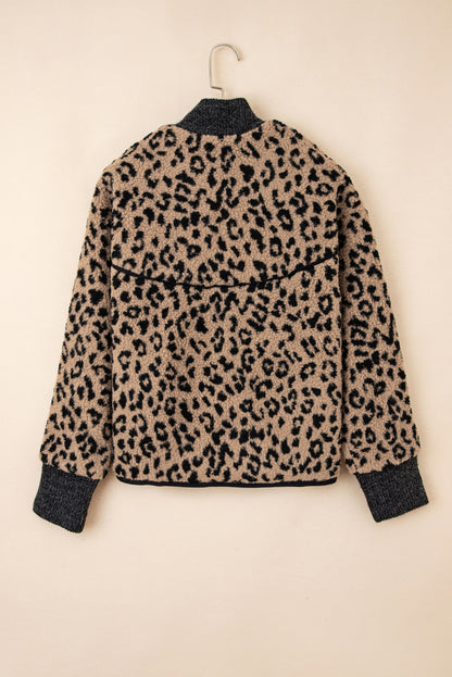 Leopard Zip-Up Stand Neck Side Pocket Jacket