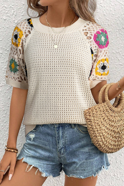 Floral Crochet Short Sleeve Sweater