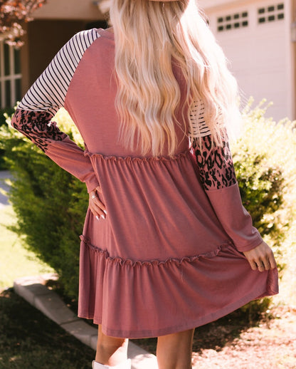 Striped Leopard Long Sleeve Dress