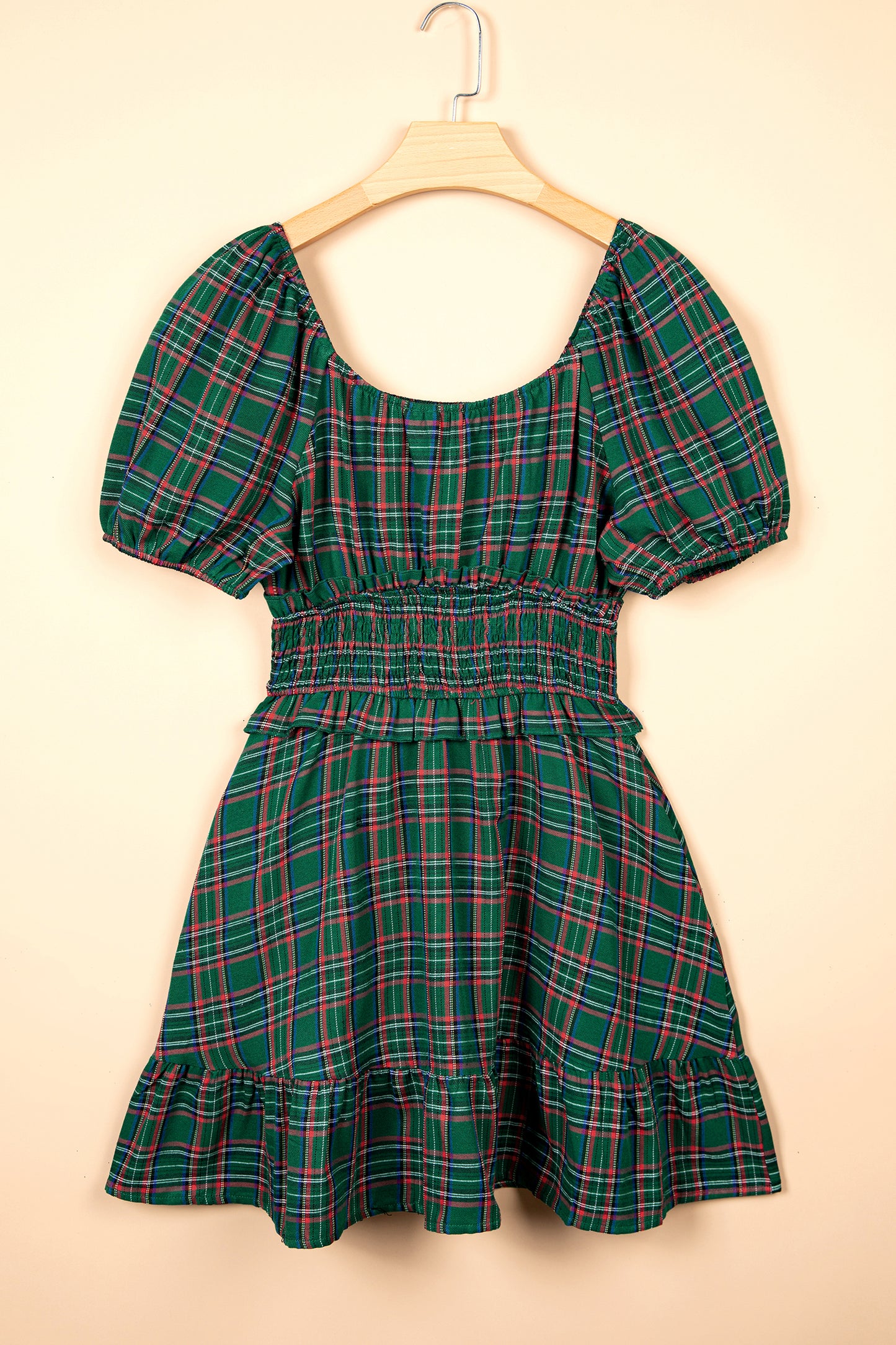 Plaid Shirred Scoop Neck Short Sleeve Mini Dress