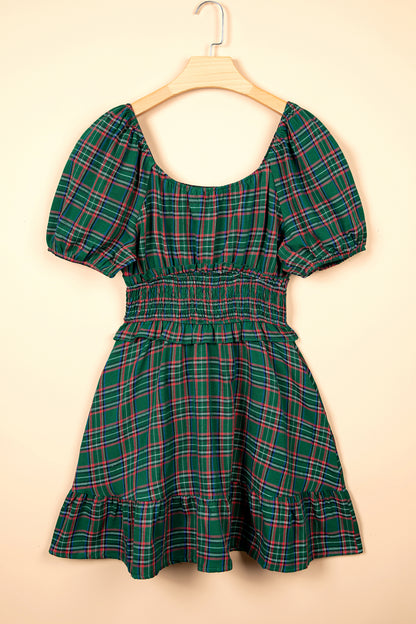 Plaid Shirred Scoop Neck Short Sleeve Mini Dress