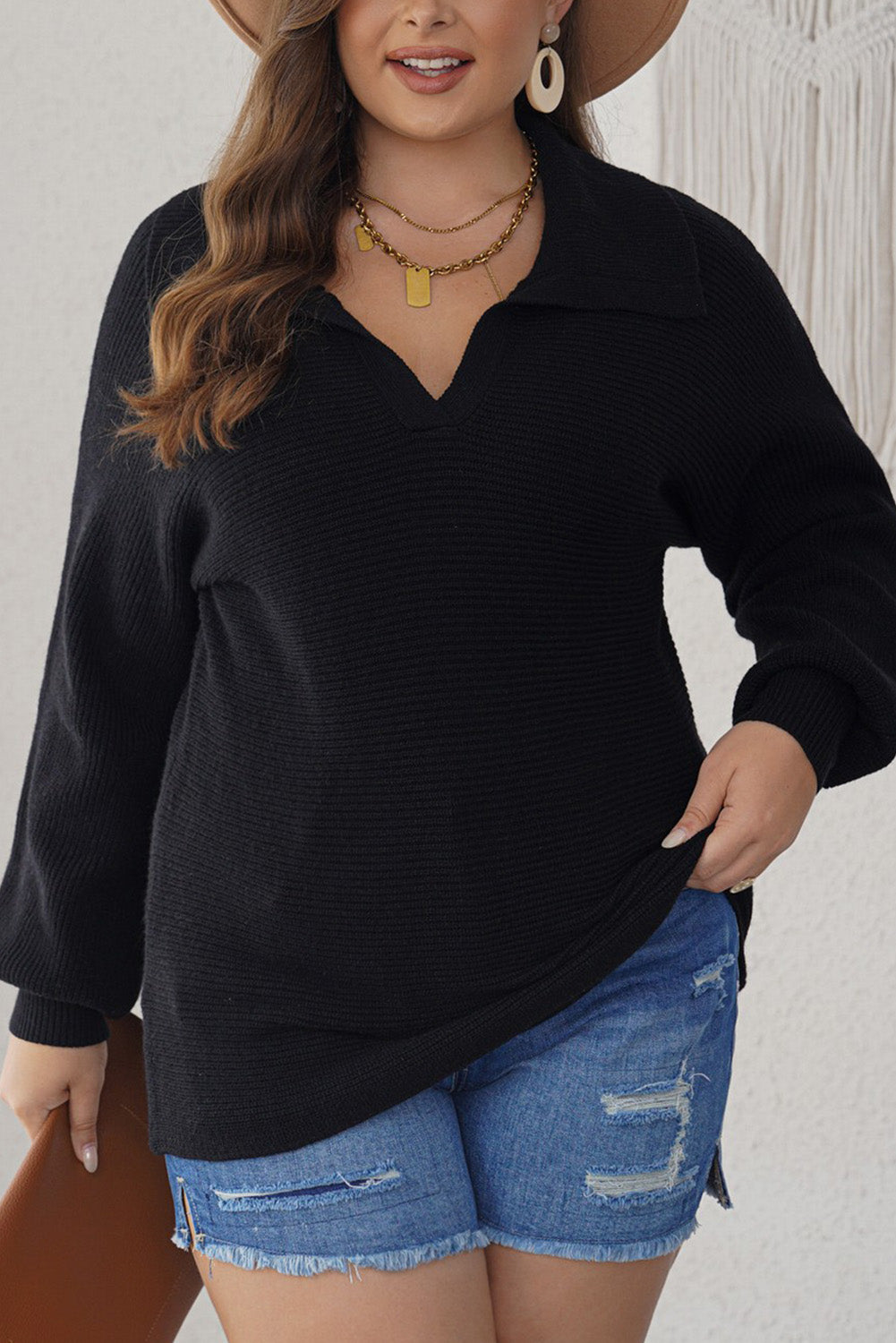 Plus Size Ribbed Collared V-Neck Sweater