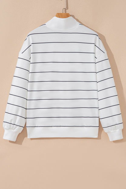Stripe Zipped V-Neck Long Sleeve Top