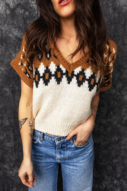 Western Geometric V-Neck Short Sleeve Knit T-Shirt