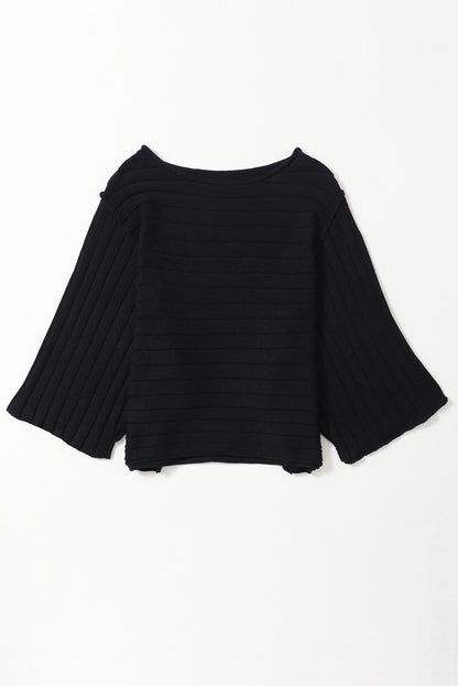 Ribbed Knit Reverse Seam 3/4 Sleeve Sweater