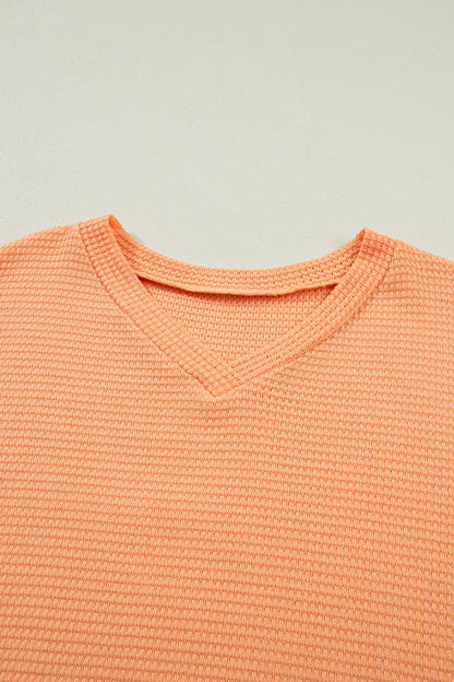 Solid Waffle Knit V-Neck Short Sleeve Top