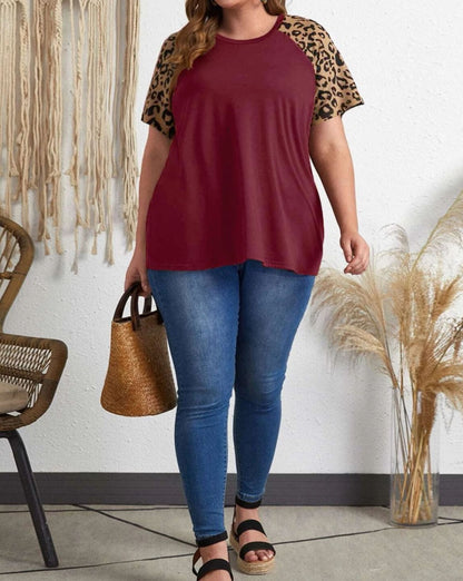 Leopard Colorblock Raglan Sleeve T-Shirt Plus Size