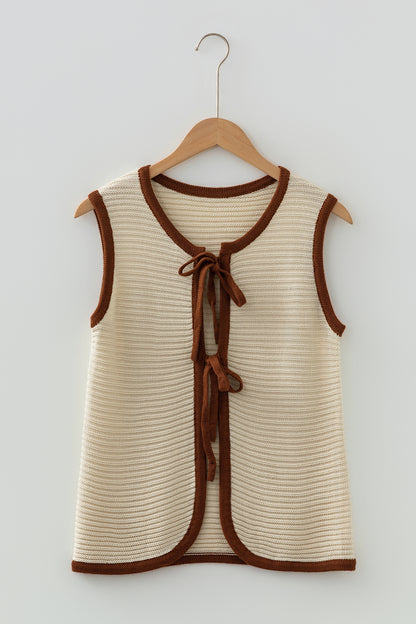 Contrast Trim Tie Front Ribbed Knit Sweater Vest