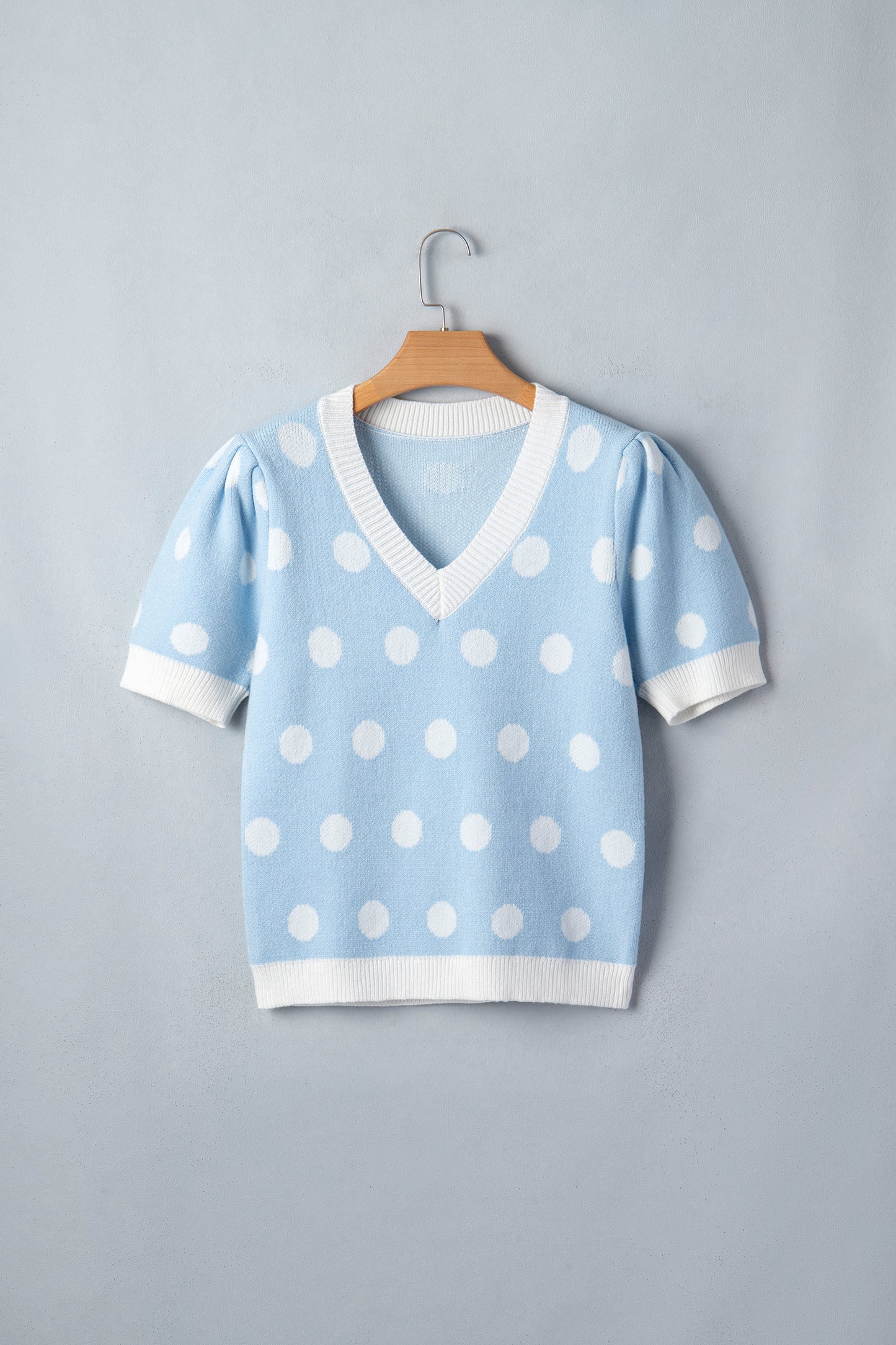 Polka Dot Puff Short Sleeve V-Neck Sweater
