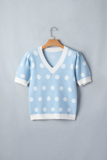 Polka Dot Puff Short Sleeve V-Neck Sweater