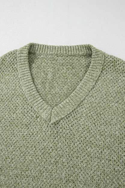Solid Eyelet V-Neck Drop Shoulder Sweater