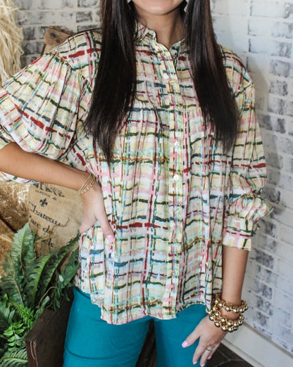 Plaid Puff Sleeve Buttoned Shirt