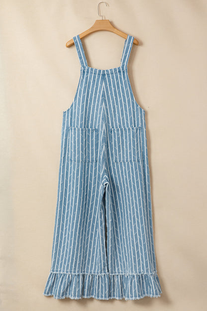 Stripe Distressed Denim Ruffle Wide Leg Overalls