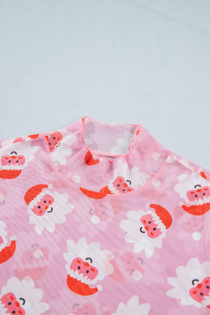 Christmas Santa Mesh Mock Neck Long Sleeve Top