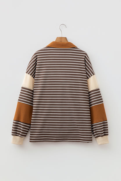 Stripe Colorblock Collared V-Neck Long Sleeve Top