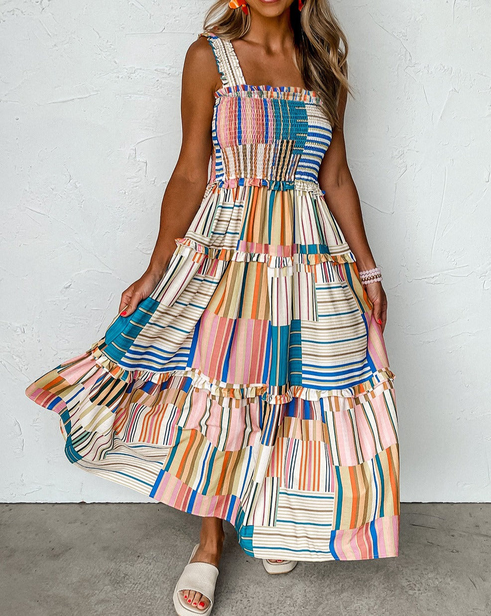 Stripe Smocked Tiered Maxi Dress