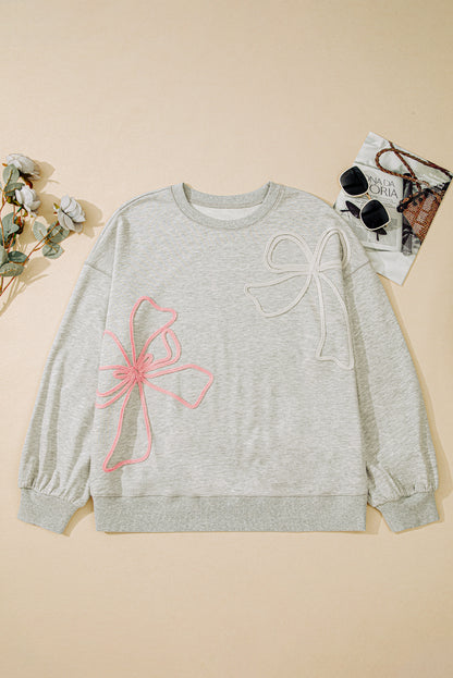 Plus Size Bow Tie Embroidered Drop Shoulder Sweatshirt