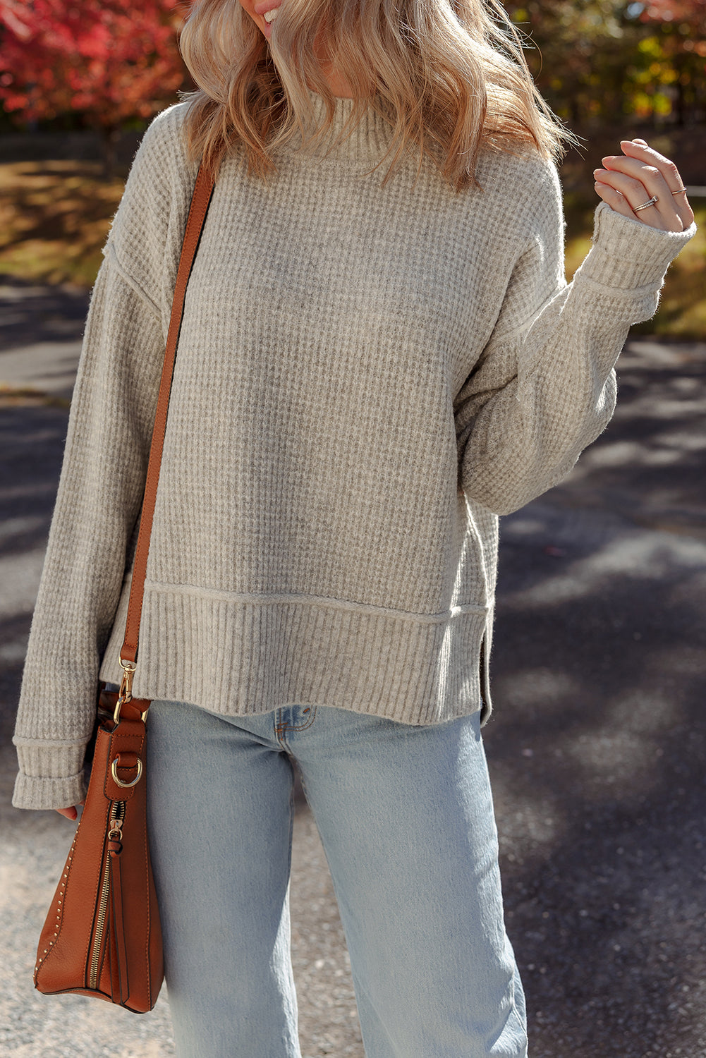 Waffle Knit Ribbed High Neck Drop Shoulder Sweater
