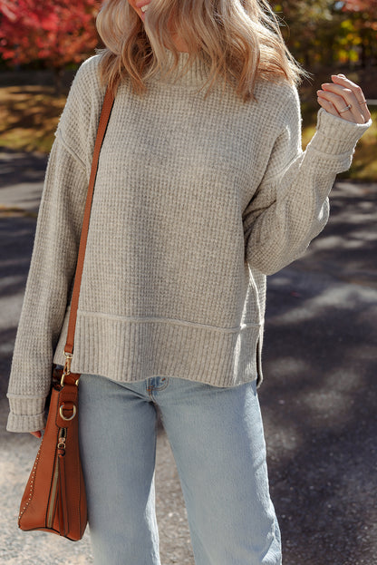 Waffle Knit Ribbed High Neck Drop Shoulder Sweater
