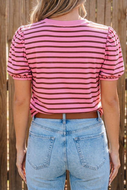 Stripe Ribbed Trim V-Neck Puff Sleeve Top