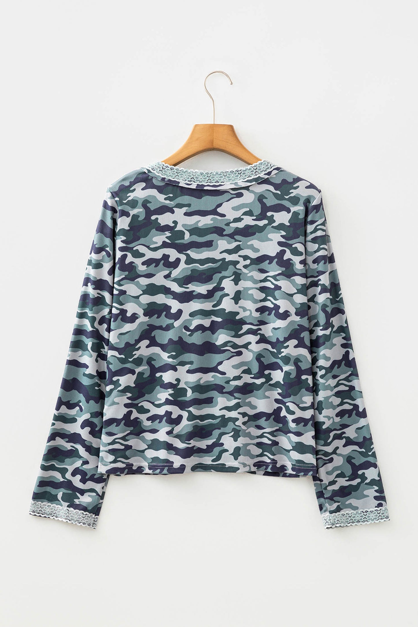 Camo Lace Patchwork Buttoned Long Sleeve Top