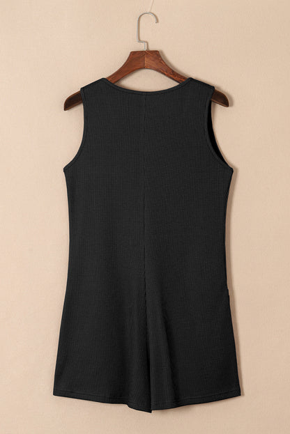 Waffle Buttoned Scoop Neck Sleeveless Romper