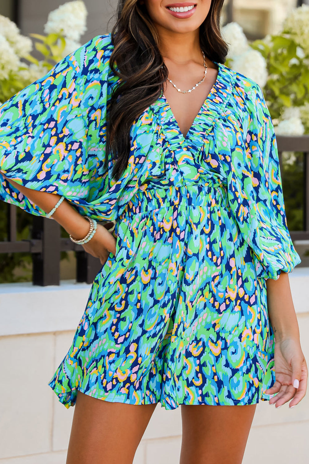 Abstract Puff Sleeve V-Neck Romper