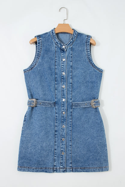Western Denim Belted Button Down Sleeveless Dress