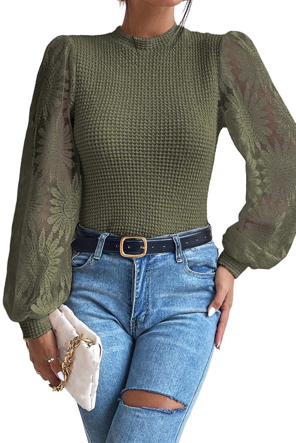 Floral Mesh Sleeve Waffle Top