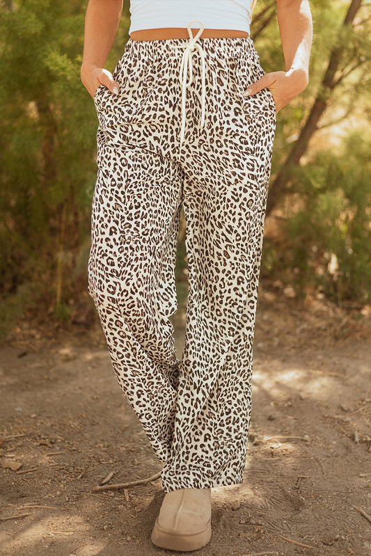 Leopard Drawstring Elastic Waist Straight Leg Pants