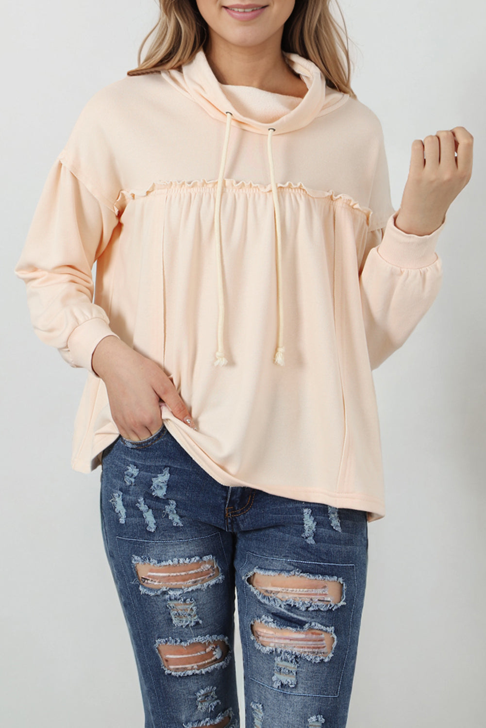 Exposed Seam Babydoll Sweatshirt w/Cowl