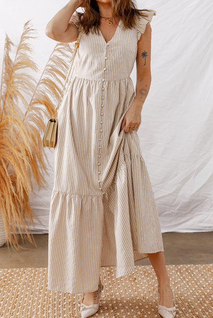 Stripe Flutter Sleeve Buttoned V-Neck Maxi Dress