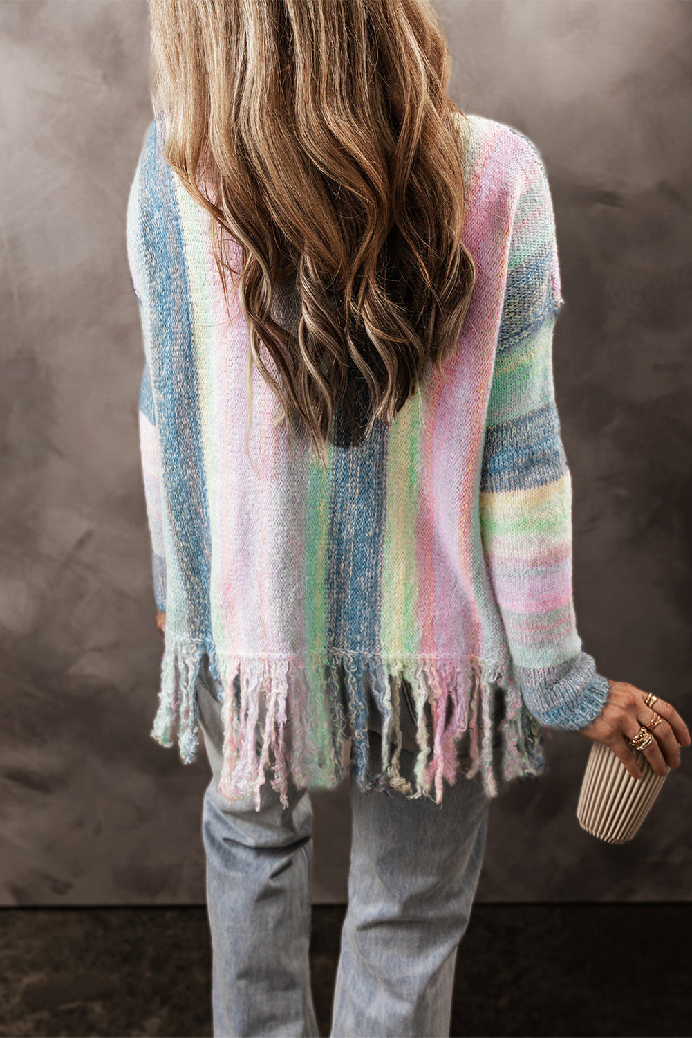 Colorblock Stripe Fringe Tunic Sweater