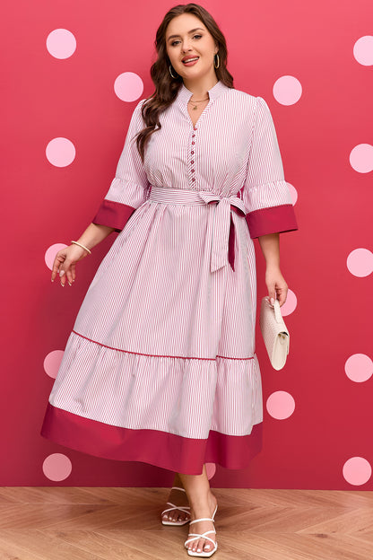 Plus Size Pinstripe Ruffle Hem Midi Dress