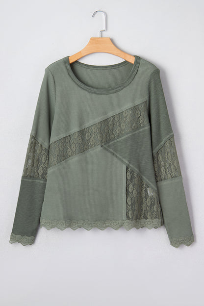 Solid Lace Patchwork Long Sleeve Knit Top