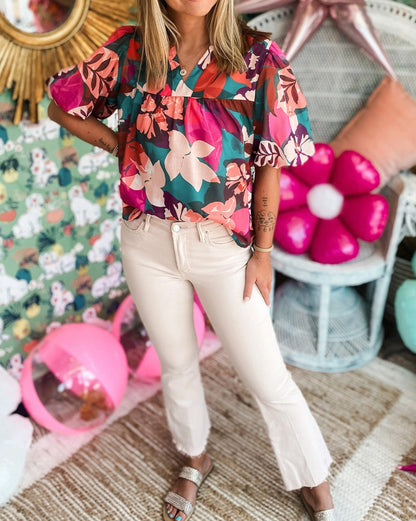 Floral Notched V-Neck Blouse