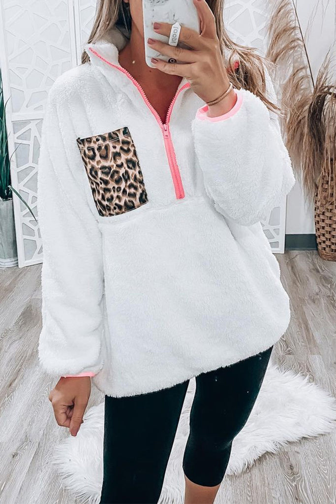 Leopard Pocket Fleece Zip-Up Sweatshirt