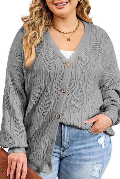 Plus Size Cable Knit Buttoned V-Neck Cardigan