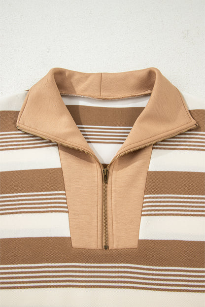 Stripe Half-Zip Collared Patchwork Long Sleeve Sweatshirt