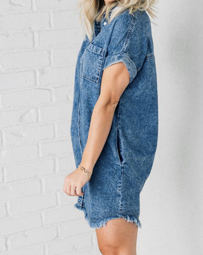 Denim Raw Edge Buttoned Dress