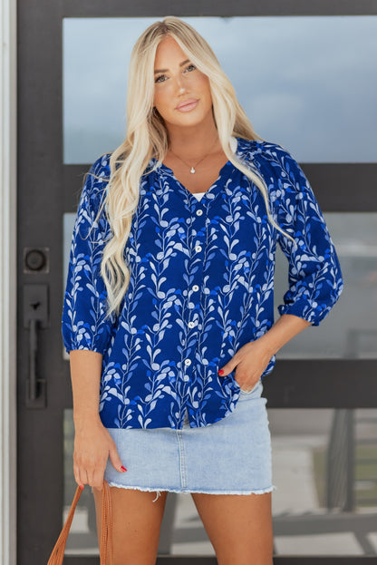 Floral 3/4 Sleeve Notched Neck Blouse