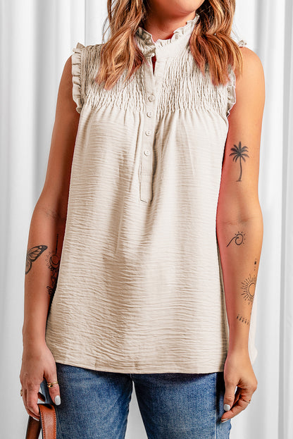 Smocked Half Buttoned Tank Top