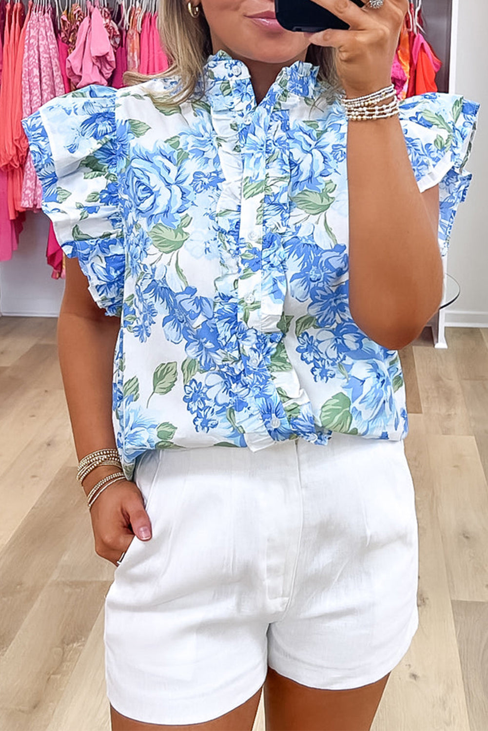 Floral Ruffle Sleeve Buttoned Shirt