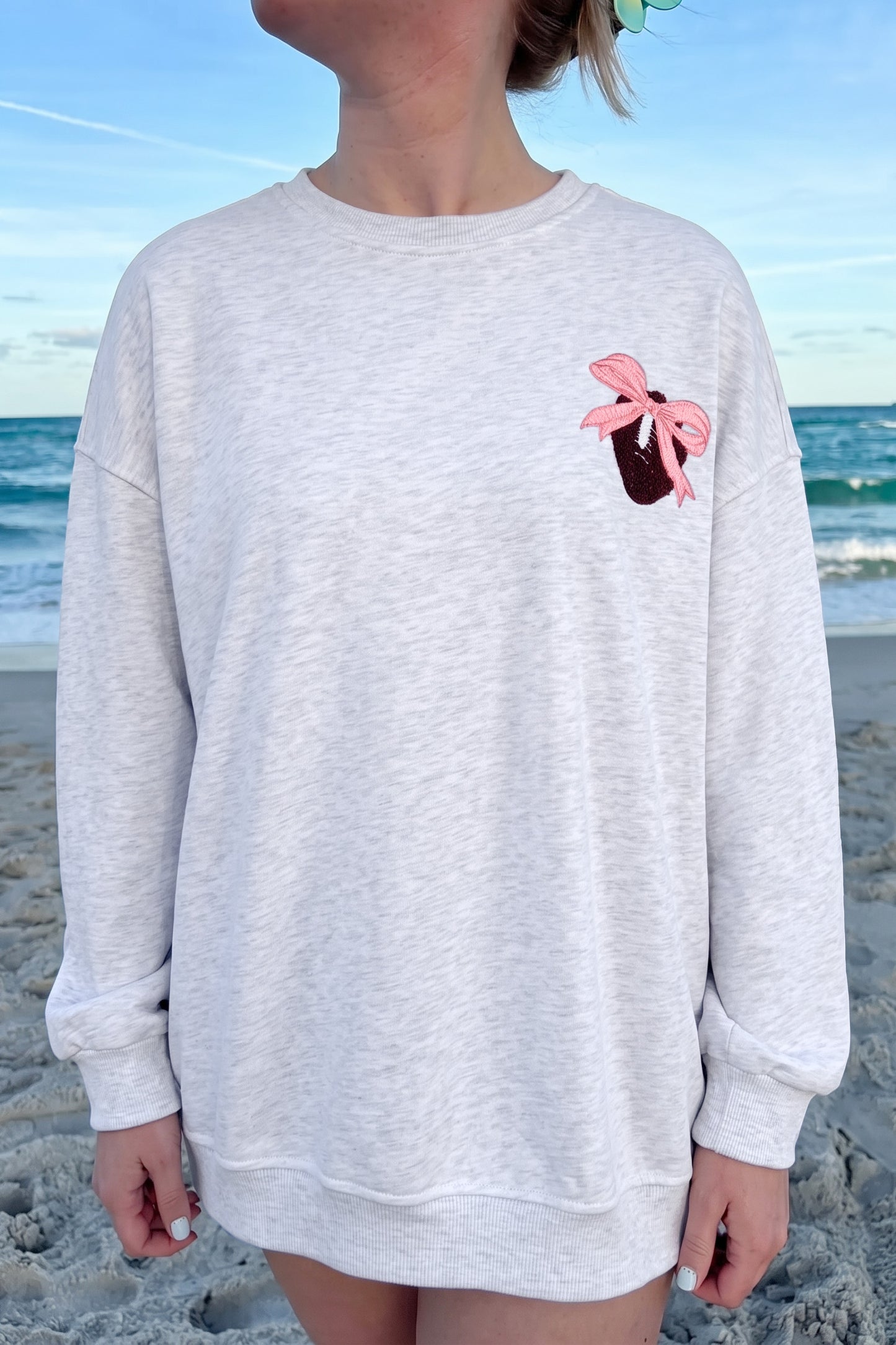 Football Bow Embroidered Patch Long Sleeve Sweatshirt
