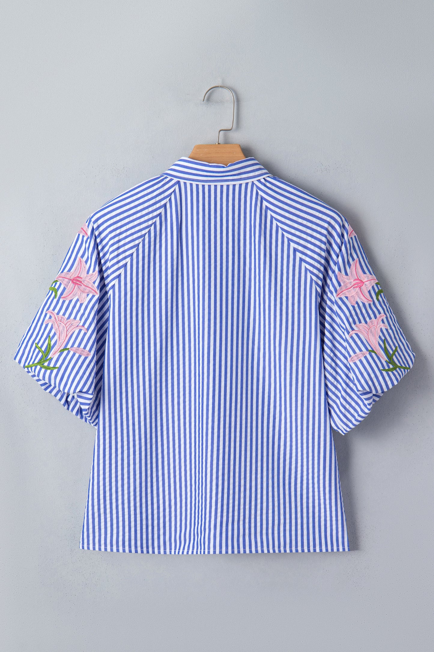 Stripe Floral Lily Embroidered Puff Sleeve Shirt